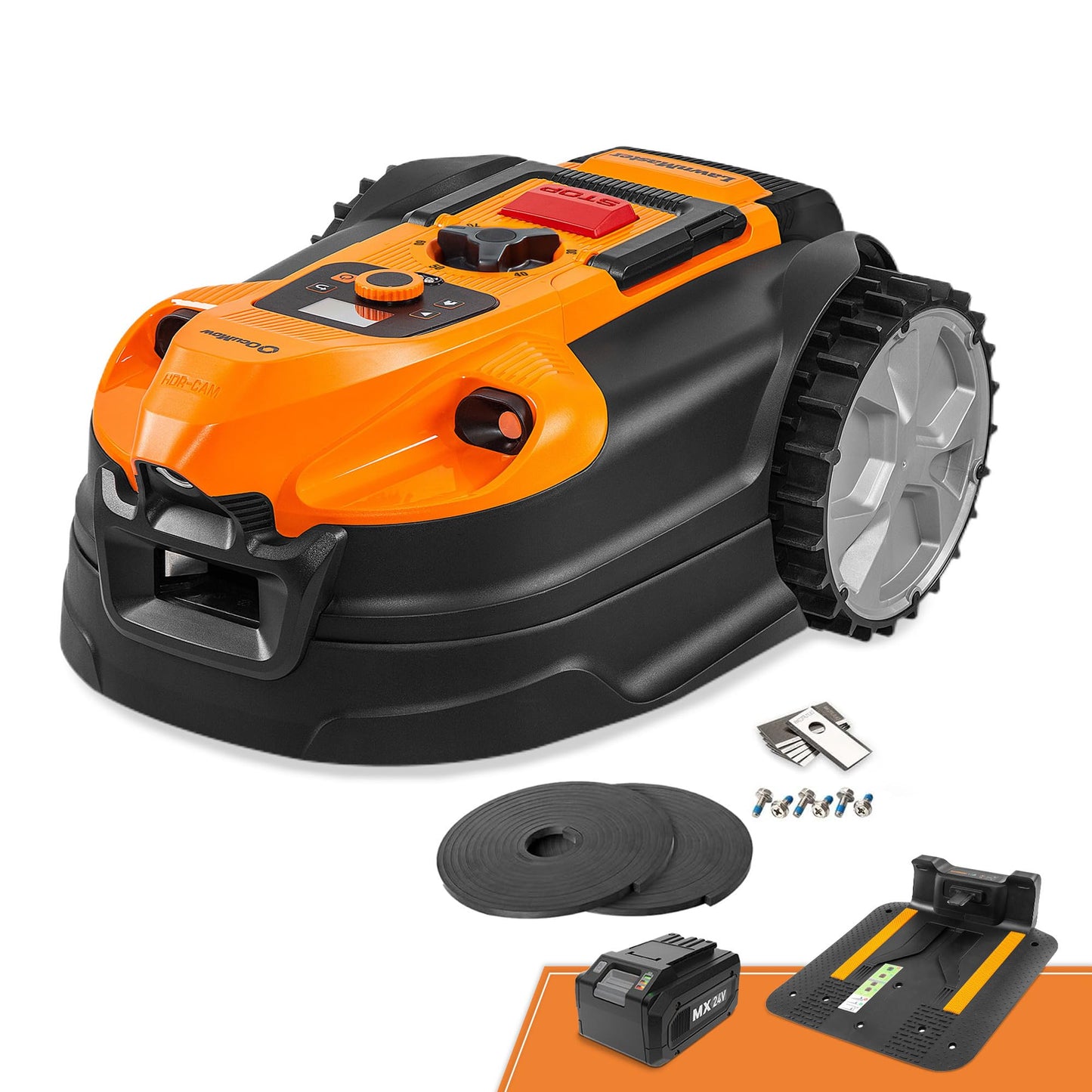 LawnMaster OcuMow™ Roboter-Rasenmäher mit kabellosem 24V MAX 10-Zoll-Gras-Trimmer-Kombi-Set, optische Navigation, automatische Hindernisvermeidung, punktgenauer Schnitt.