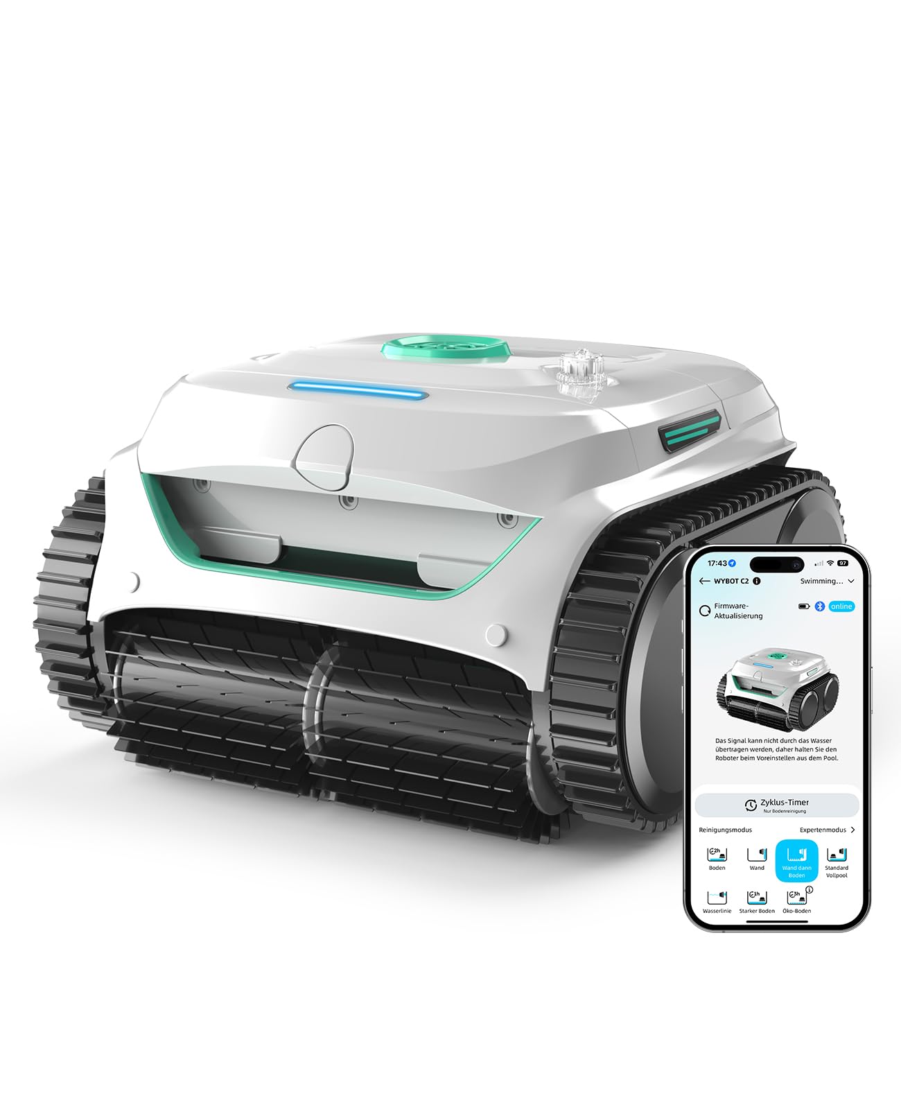 WYBOT C2 Poolroboter Akku Boden und Wand für Einbaupools bis 150㎡, Doppelfiltration, 3-Fach Motor, Starke Saugkraft, Wandkletter & Wasserlinie, 183 Min, App(Schwarz-Grün B)