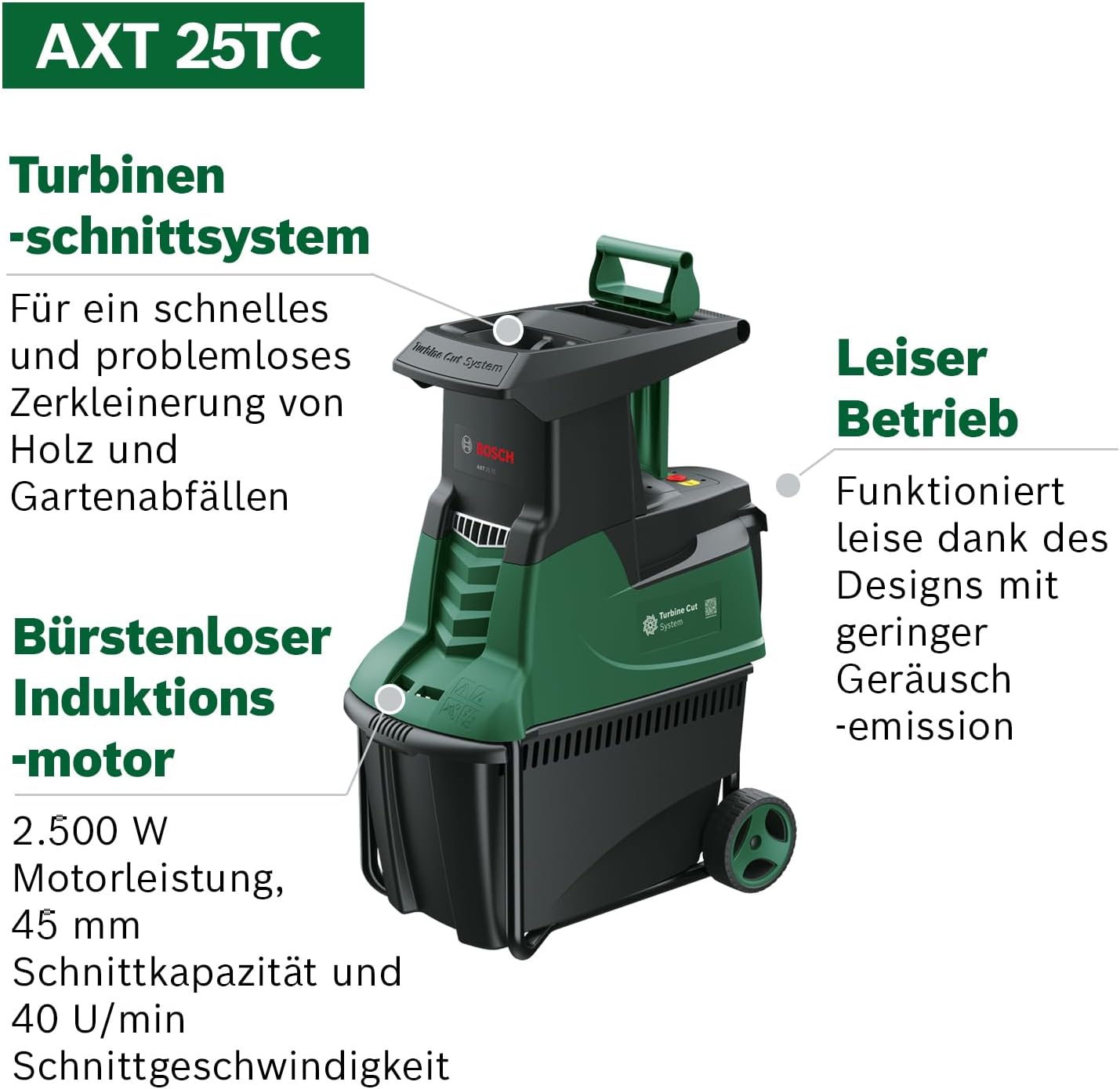 Bosch Turbinenhäcksler AXT 25 TC (2.500 W; geeignet für Holz und harte Gartenabfälle; integrierte Fangbox 53 l; in Karton)