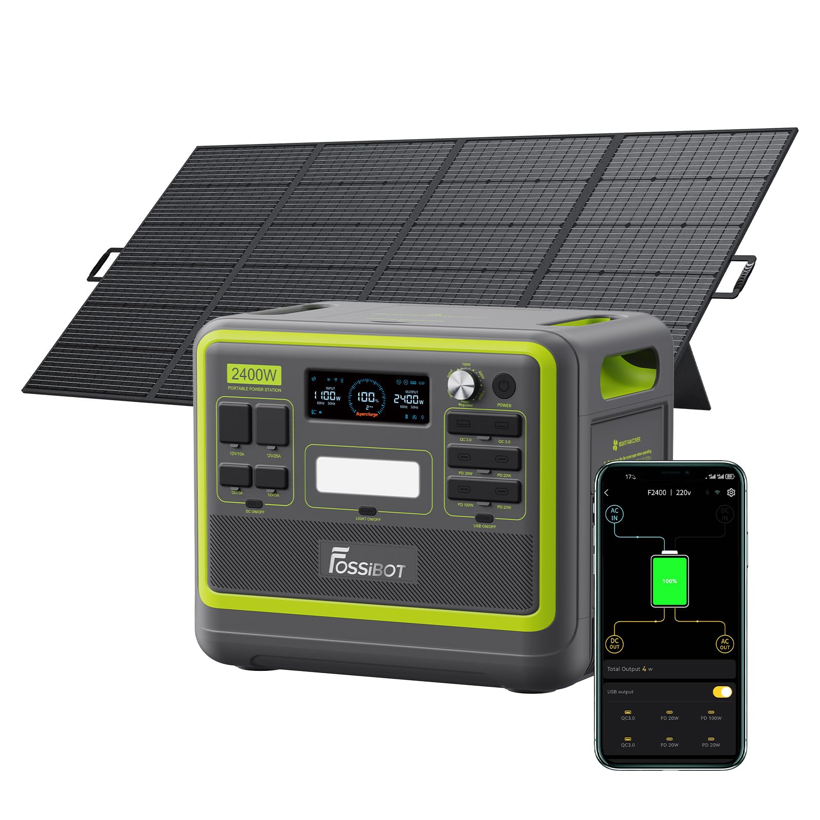 FOSSiBOT Tragbare Powerstation 2048Wh LiFePO4 Mobiler Solargenerator mit 230V/2400W (Spitze 4800W), USB und QC, Mobile Stromspeicher für Outdoors, Power Station für Camping, Reisen
