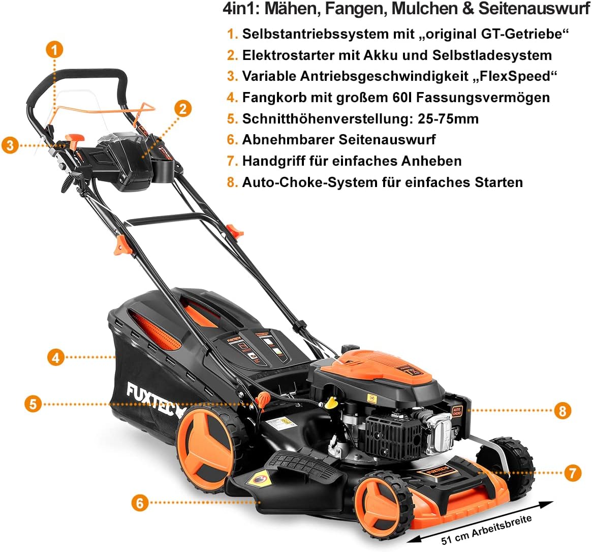 FUXTEC FX-RM5196eSPRO 4in1 Benzinmäher, E-Start & Antrieb, 51 cm Schnitt