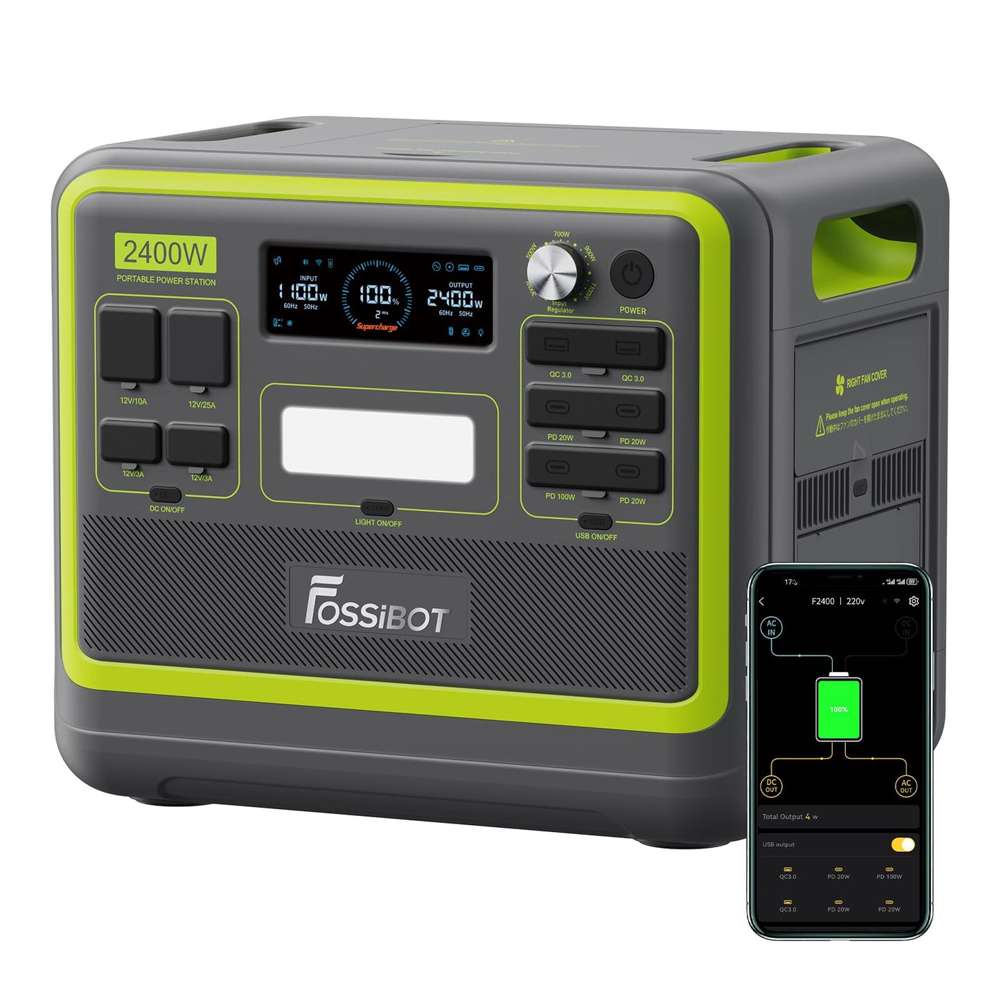 FOSSiBOT F2400 Solar Generator mit 200W Solar Panel, 2400W Tragbare Powerstation 2048Wh LiFePO4 with 3AC Ausgabe (4800W Peak), 13 Steckdosen Stromspeicher für Outdoor, Camping im Wohnmobil Backup