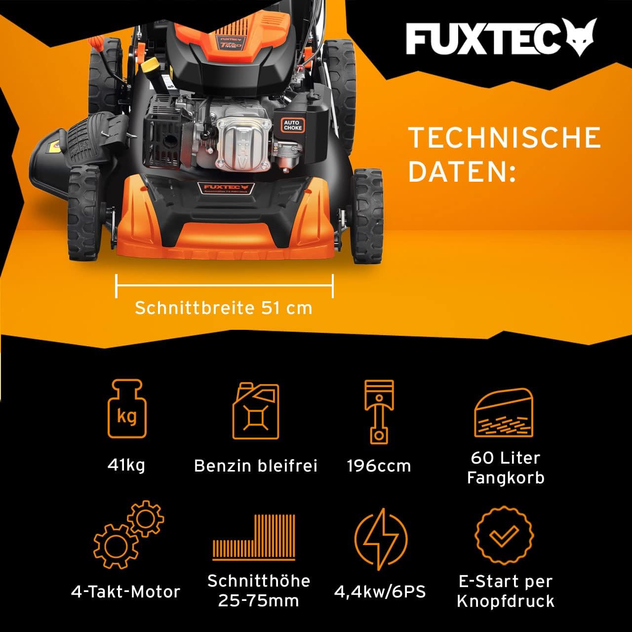 FUXTEC FX-RM5196eSPRO 4in1 Benzinmäher, E-Start & Antrieb, 51 cm Schnitt