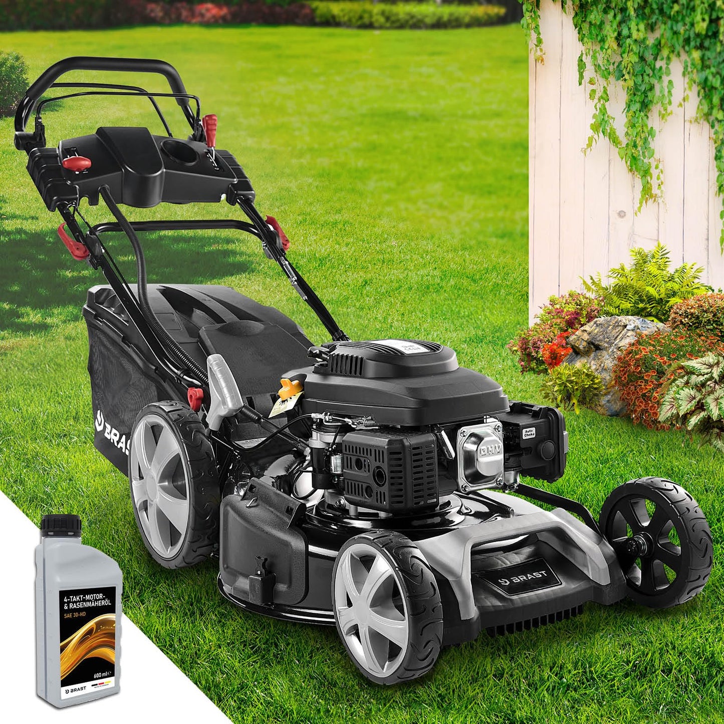 BRAST® Benzin Rasenmäher mit Antrieb | 5,2kW (7PS) | 55cm Schnittbreite | viele Modelle | TÜV | 30-80mm Schnitthöhe | 60L Fangkorb | 4 Takt OHV Motor | Stahlgehäuse | Speed