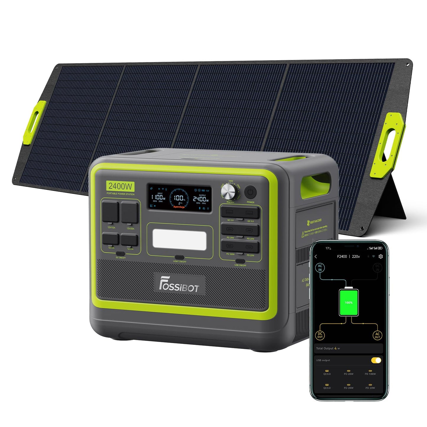 FOSSIBOT Powerstation 2400W AC Ausgängen (4800 W Peak) F2400, Stück mit 200W Solarpanel Power Station, 1100W Superschnelles Tragbare Solargenerator für Zuhause, Camping, RV und Notfall